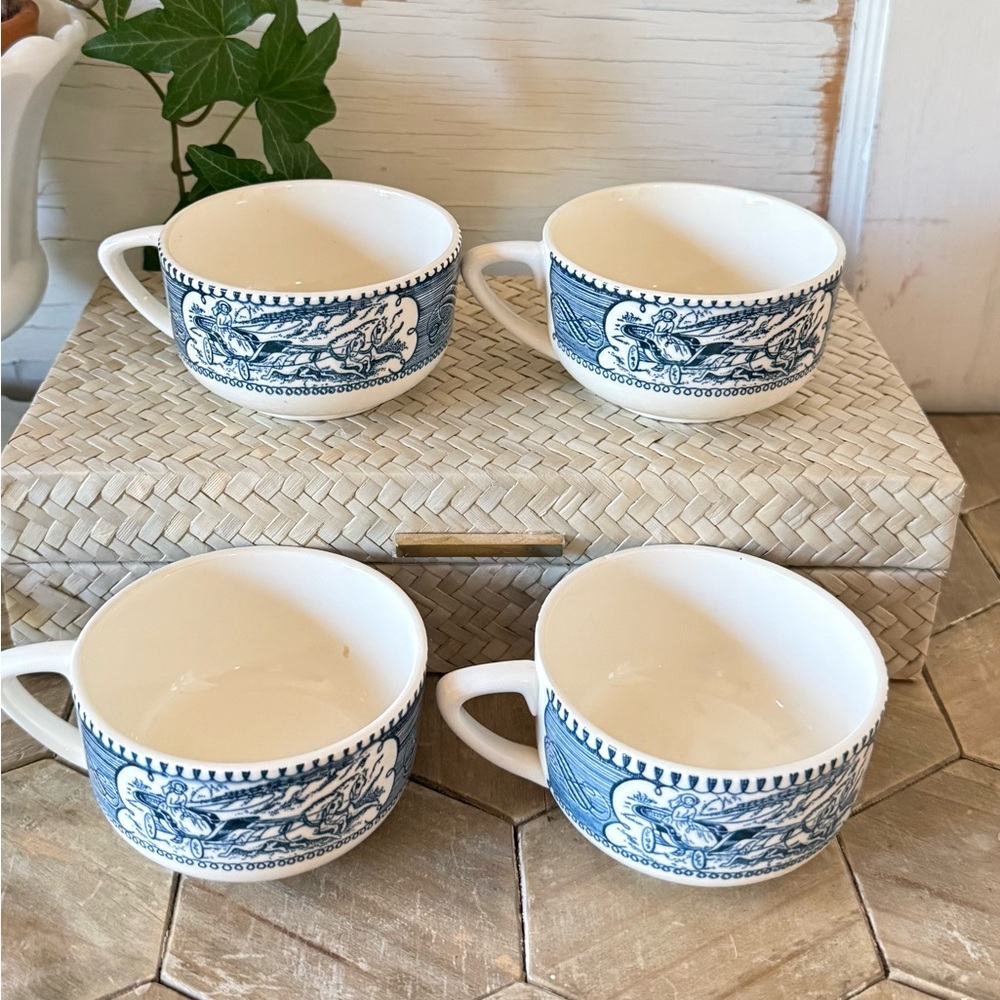 Vintage CURRIER AND IVES "Blue" Royal China Coffee/Tea Cups, SET/4 - Picture 5 of 7